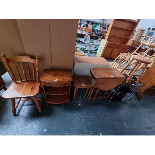 339 - A pine stool, chair, oak drop leaf table etc.