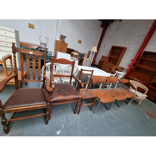 360 - Three metal frame retro chairs, wicker chair, bedroom chair and two armchairs