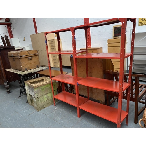 425 - A marble top table, two metal racking units, a metal trunk and wooden box