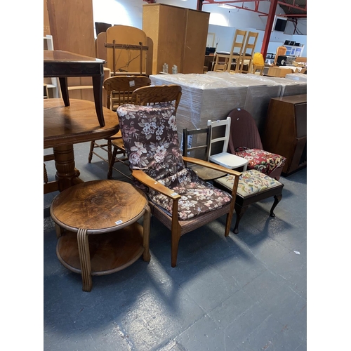518 - A Parker Knoll armchair, Lloyd loom style wicker chair, coffee table, stool etc.