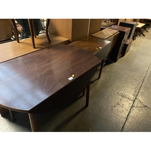 532 - A drop leaf dining table, drinks trolley, bedside cabinet, brown leather foot stool etc.