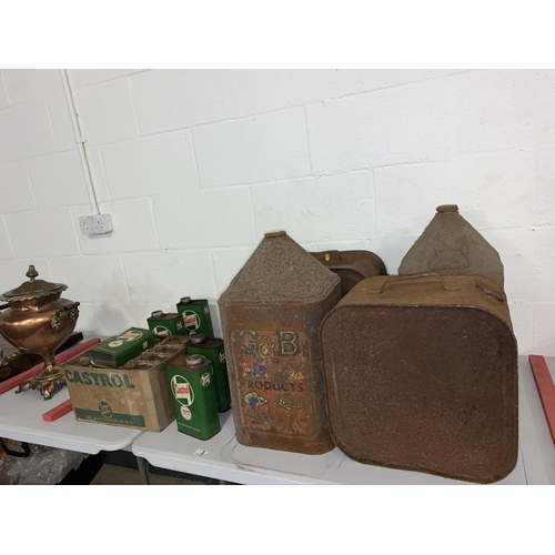 3 - Vintage fuel cans, empty Castrol oil cans and an original Castrol cardboard box containing 12 Castro... 