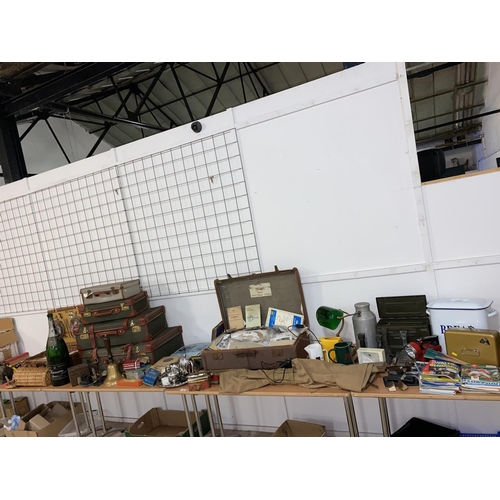 61 - A large selection of mixed vintage items including stamps, suitcases, school bell, stretcher, Brexto... 