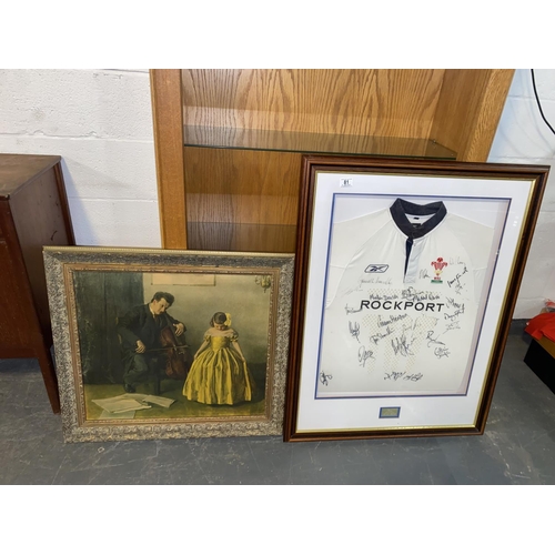 81 - A framed Rugby jersey with signatures and a plaque inscribed Wales Grandslam winners 2005 together w... 