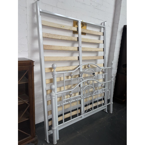 411 - A white metal double bed frame and base