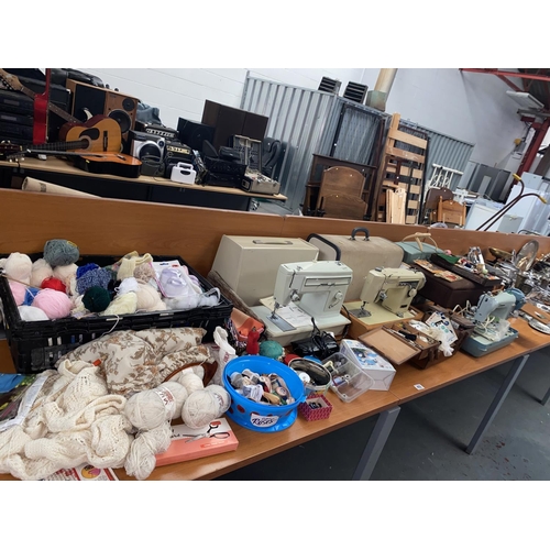 492 - A collection of wool, sewing items ,vintage Capri sewing machine, Jones and Brother sewing machines ... 