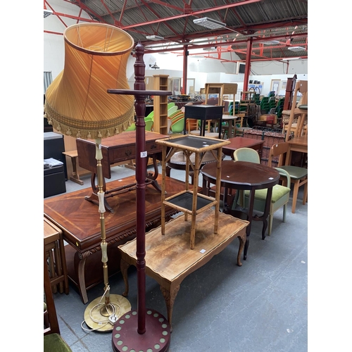 321 - A bamboo side table, Edwardian side table, mahogany coffee table, snooker cue stand, floor standing ... 