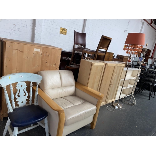 332 - Two pine effect cabinets, a white bookcase, modern leather armchair and two lamps