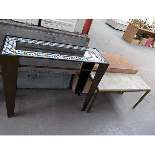 347 - A marble top table and a tile and glass top side table