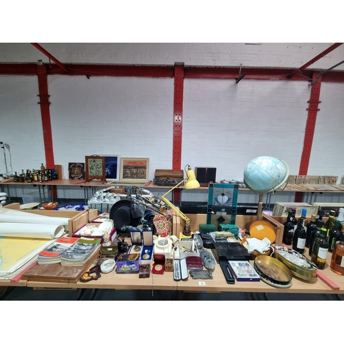 32 - Vintage items including globe on stand, Angle Poise lamp, medals, cigarette lighters, empty Rolex bo... 