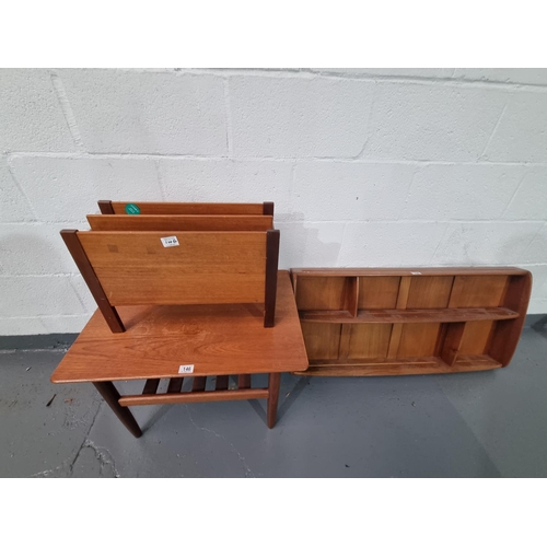 146 - An Ercol plate rack, G Plan coffee table and a mid-century teak magazine rack