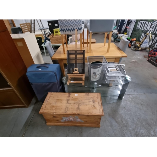 768 - Pine blanket box, glass TV unit, 2 suitcases, waste paper bins, etc