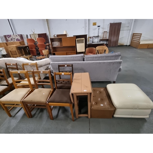 771 - Oak and pine dining chairs, a painted drop leaf dining table and 2 leather pouffes