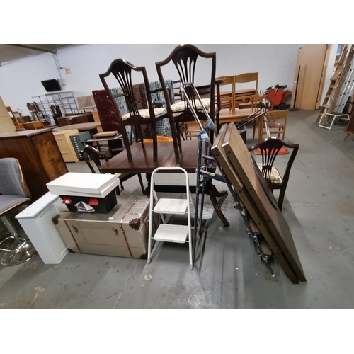 782 - Two step ladders, a trunk, wall hanging cabinet and a toolbox, etc