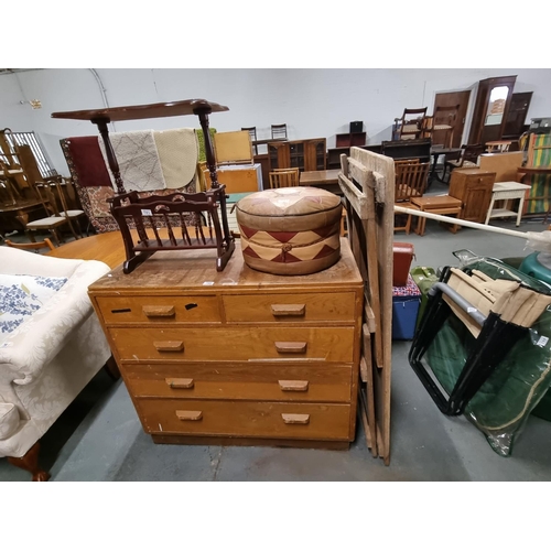 789 - A pine trestle table, a pouffe, an oak 2 over 3 chest of drawers, etc