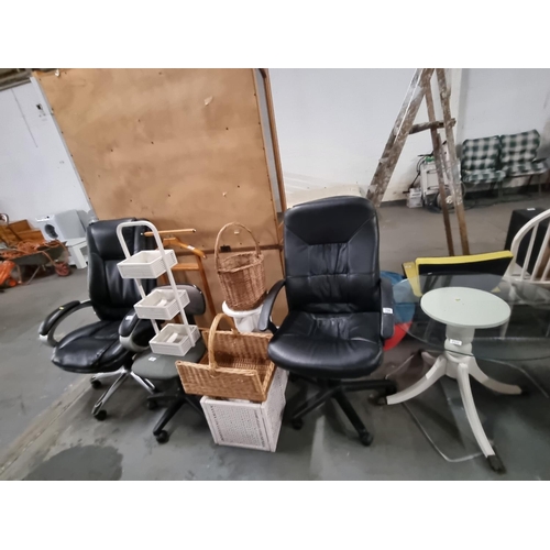 796 - 3 office chairs, a glass top coffee table, wicker baskets, etc