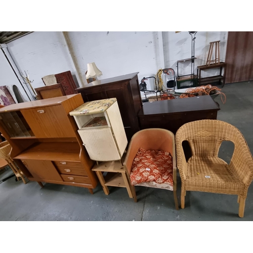 797 - A Lloyd Loom style chair, wicker chair, pine side table, modern teak highboard, etc