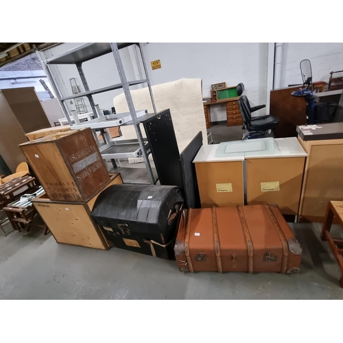 800 - 2 tea chests, domed top trunk and a wooden bound travelling trunk