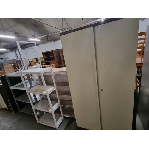 804 - A painted bookcase, racking unit, a desk, Bisley storage cabinet, etc