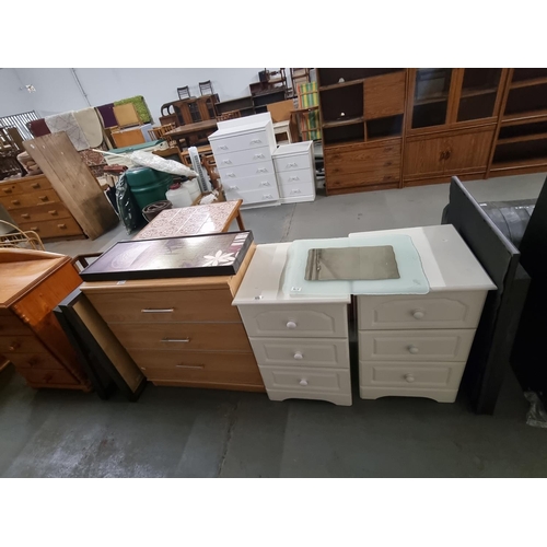 805 - A pine effect 3 drawer chest of drawers, 2 white 3 drawer bedside cabinets, pictures and mirrors