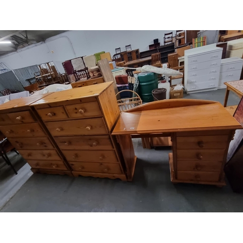 806 - A pine desk with 3 drawers and 2 x pine 2 over 4 chest of drawers