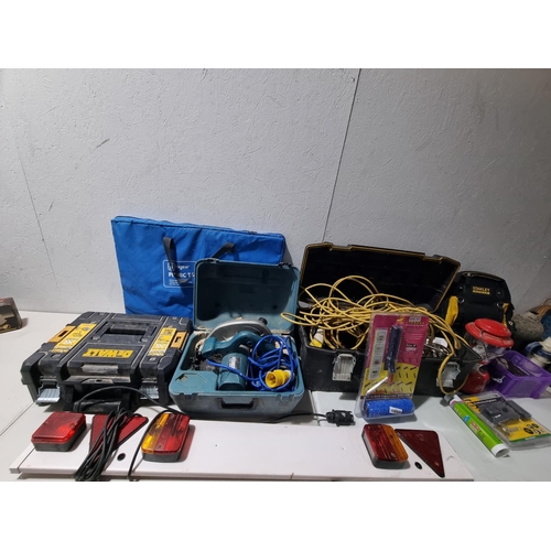 902 - Dewalt drill, Makita chop saw, trailer board, tool box, hand tools, picnic table, etc