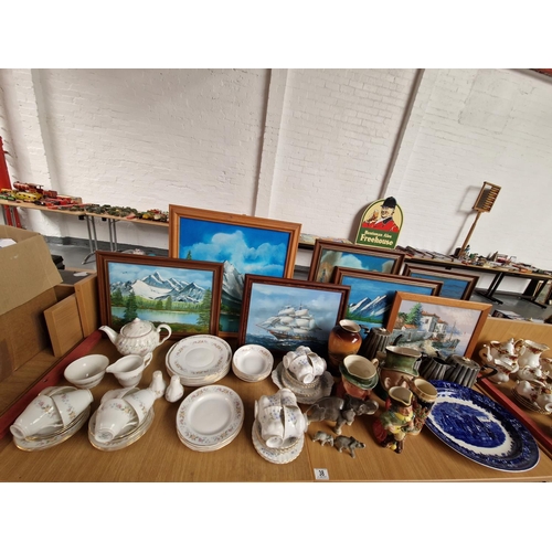 38 - Two Beswick Toby jugs, framed oil on boards, Royal Stuart part tea/dinner service, etc