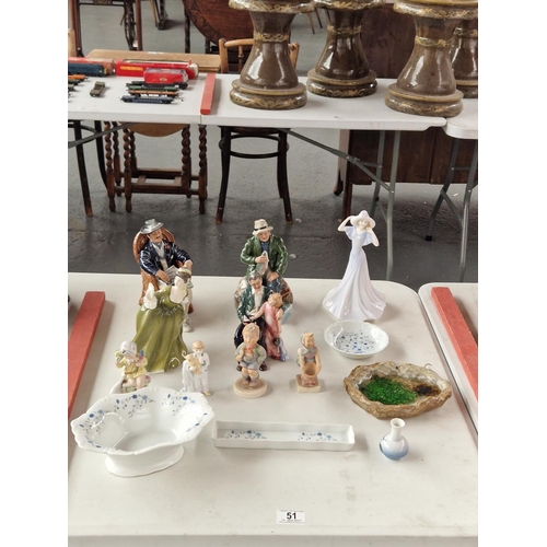 51 - A collection of Royal Doulton figurines, Hummel figures and Limoges dishes