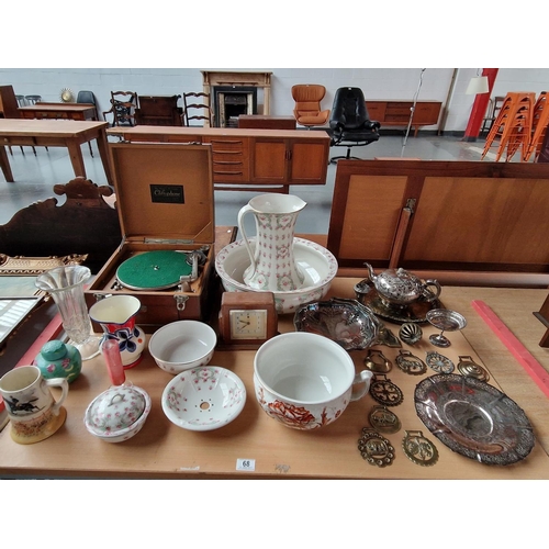 68 - A vintage lot to include metalware, clock, wind up gramophone, jug and basin set, etc