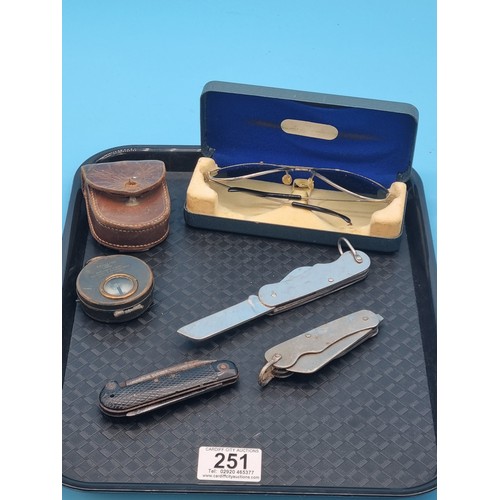 251 - Three Military issue pen knives, Military issue spectacles MK 14 sunglasses in case and an F Barker ... 