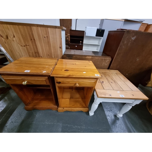 360 - 2 Pine bedside cabinets and a pine side table