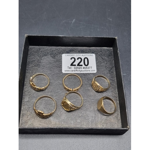 220 - Six 9k gold rings (total 15.7 grams)