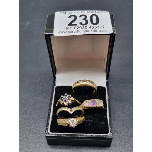 230 - Five 9k gold ladies rings (11.3 grams including stones)