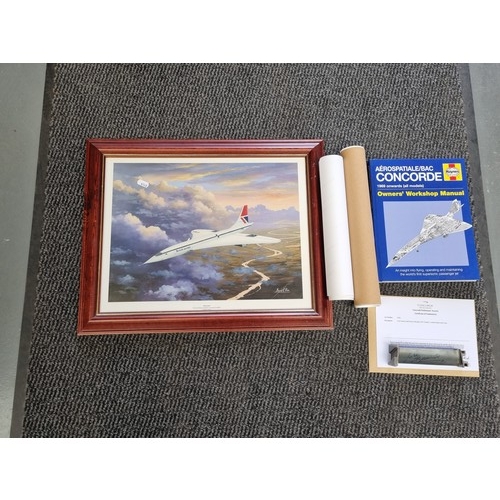 212 - Concorde items to include a framed Concorde print, Concorde Haynes workshop manual, signed Concorde ... 