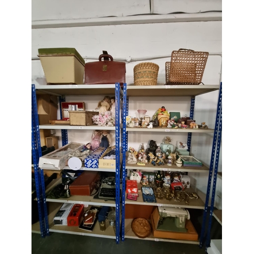 693 - 10 Shelves of vintage items including Alfa sewing machine, ornaments, porcelain dolls, typewriter, s... 