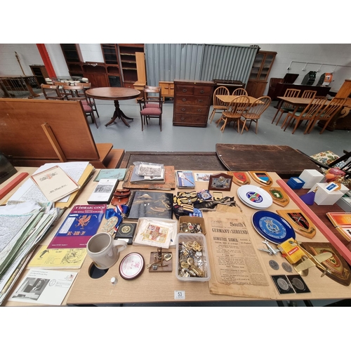 53 - A military lot to include regimental shields, buttons and badges, cigarette cards, postcards, survey... 