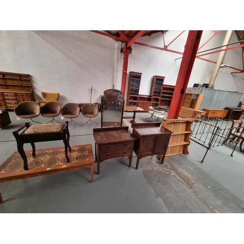 117 - An oak dressing chest, chest of drawers, piano stool, metal bedframe, dresser top and a tile topped ... 