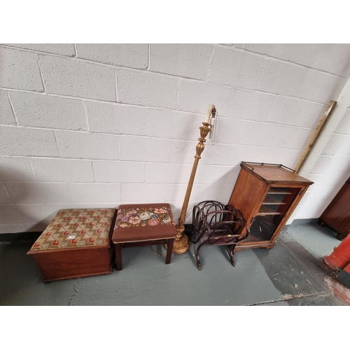 143 - A Bentwood magazine rack, music sheet cabinet, stool, upholstered box and a standard lamp