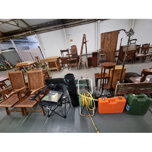 574 - 2 Teak fold up garden chairs, drills, hose reel, workmate, etc