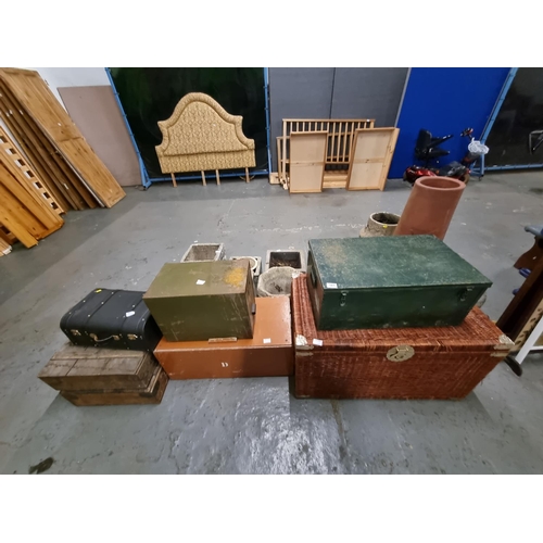 581 - Wicker stacking basket set, 2 metal filing units, wood crates, etc