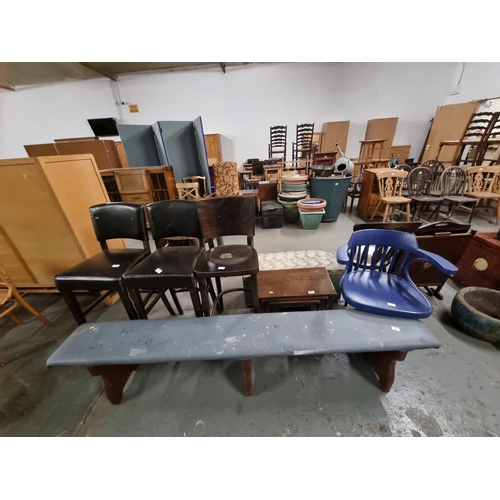 583 - 3 Bar stools, oak nest of tables, bench, etc