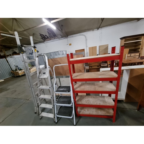 593 - Metal shelving unit and 3 metal stepladders