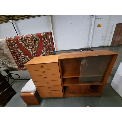 596 - Pine effect chest of drawers, stool, and a teak glass fronted bookcase