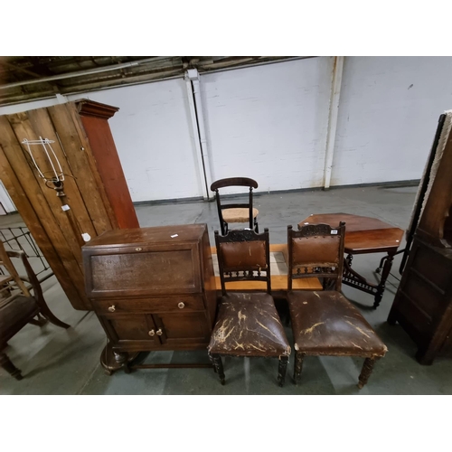 598 - Oak standard lamp, oak bureau, 2 oak chairs, etc