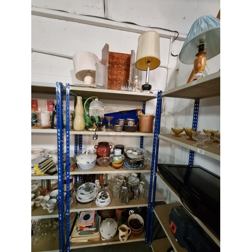 704 - 5 Shelves of household items to include china, glassware, lamps, vinyl records, etc