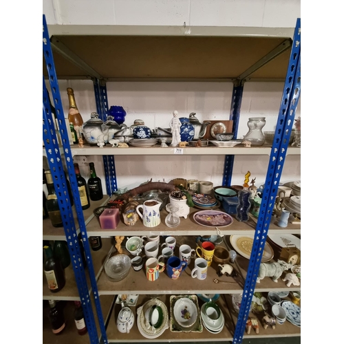 711 - 8 Shelves of household items to include glass, china, dinner sets, ornaments, etc
