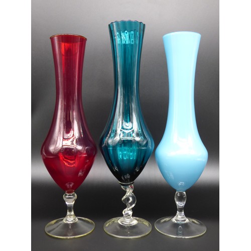 18 - Empoli Italy, three tall vases, blue, red and sky blue, circa 1970.
Heights 36 to 39cm