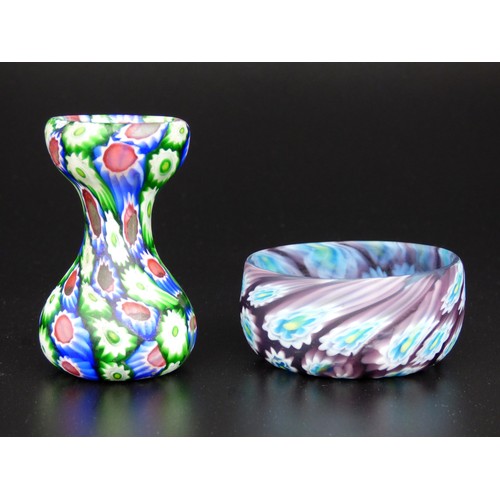 25 - Murano Fratelli Toso miniature satin glass vase and bowl with millefiori, circa 1910.
Vase height 6.... 