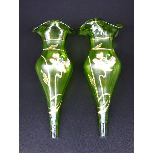 27 - Bohemian Art Nouveau, a pair of green vases in metal mounts with hand painted flowers.
Height 19cm