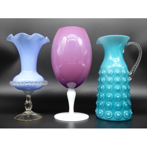 48 - Three Empoli vases to include blue pitcher, pink footed vase and lavender footed vase, Italy circa 1... 
